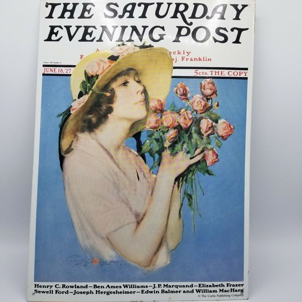 The Saturday Evening Post June 18, 1927 Metal Sign 16" x 12" Pink Rose Bouquet